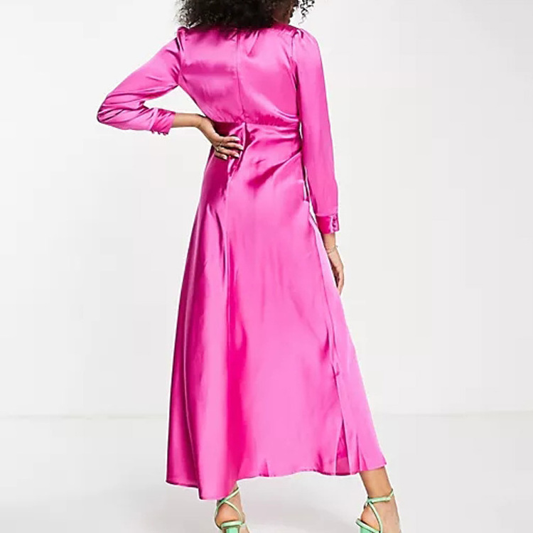 New Arrival High Neck Maxi Satin Tea Dress In Hot Pink Long Sleeves Prom Dresses for Women