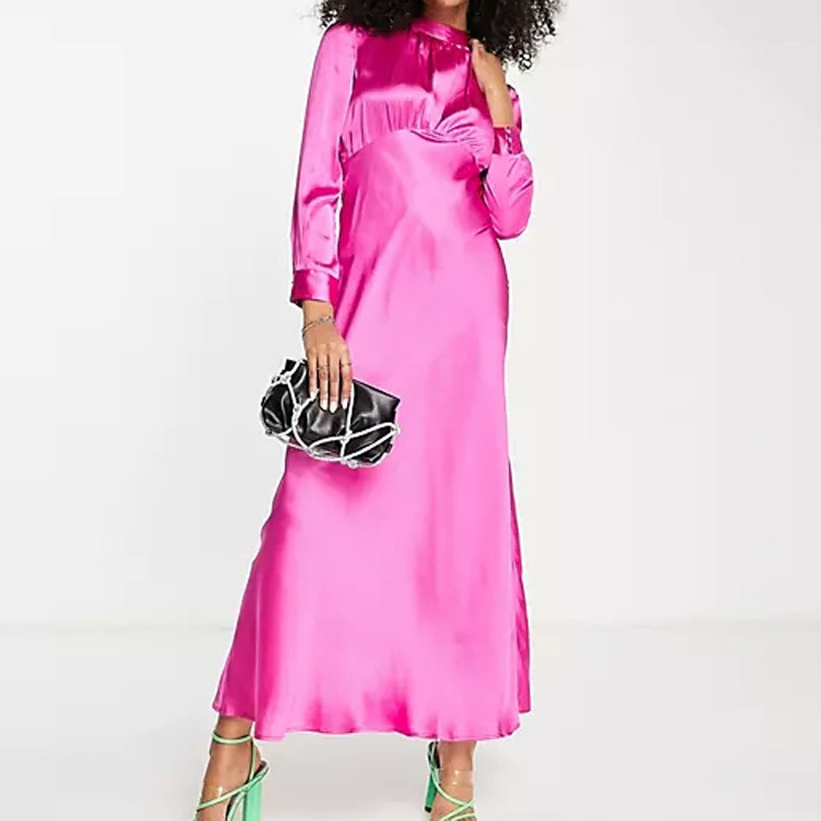 New Arrival High Neck Maxi Satin Tea Dress In Hot Pink Long Sleeves Prom Dresses for Women