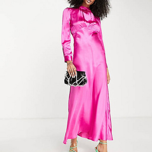 New Arrival High Neck Maxi Satin Tea Dress In Hot Pink Long Sleeves Prom Dresses for Women