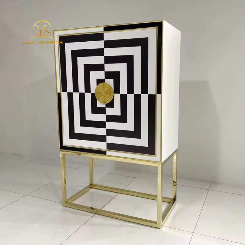 Modern Black And White Painted Glass Door With Gold Metal Base Wine Cabinet Hotel Home Sideboard Jonathan Adler Furniture