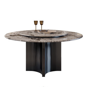 Luxury stainless steel base natural marble countertop round dining table with turntable modern dining table with rotating center