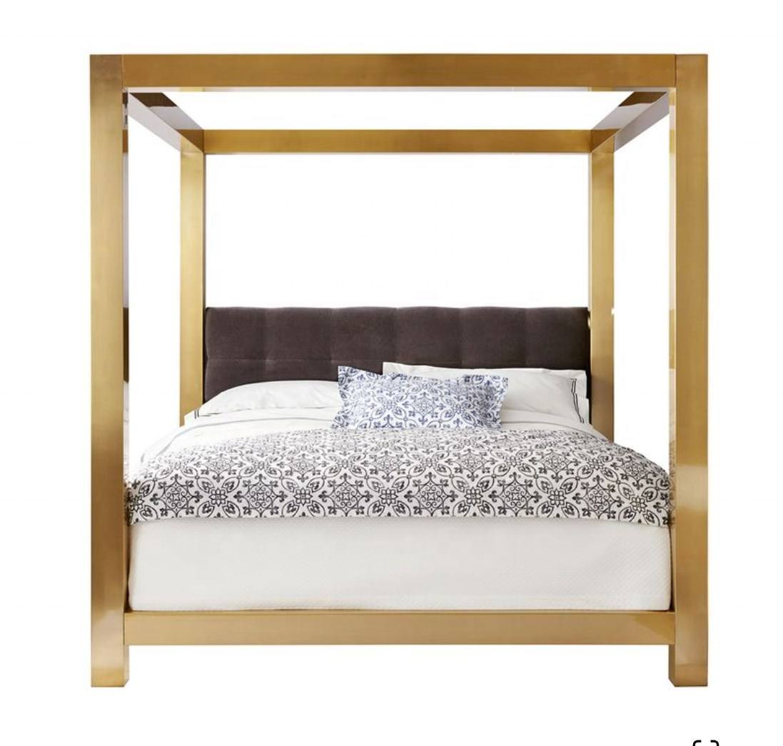 High-end Kensington Metal Canopy King Bed Stainless Steel Frame With Upholstered Tufted Headboard Panel  Golden Metal Beds