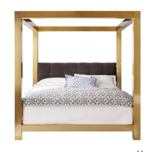 High-end Kensington Metal Canopy King Bed Stainless Steel Frame With Upholstered Tufted Headboard Panel  Golden Metal Beds