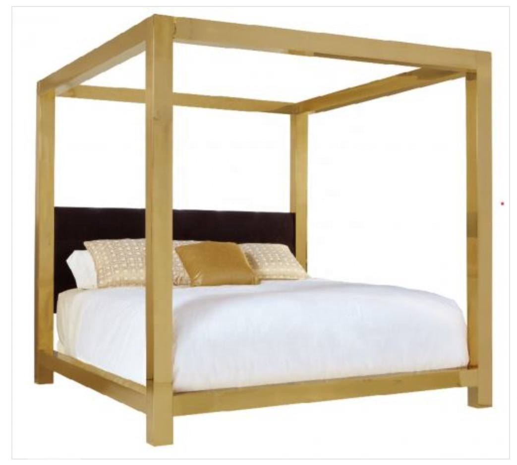 High-end Kensington Metal Canopy King Bed Stainless Steel Frame With Upholstered Tufted Headboard Panel  Golden Metal Beds