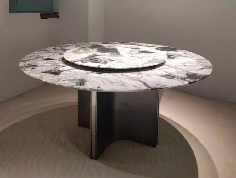 Luxury stainless steel base natural marble countertop round dining table with turntable modern dining table with rotating center