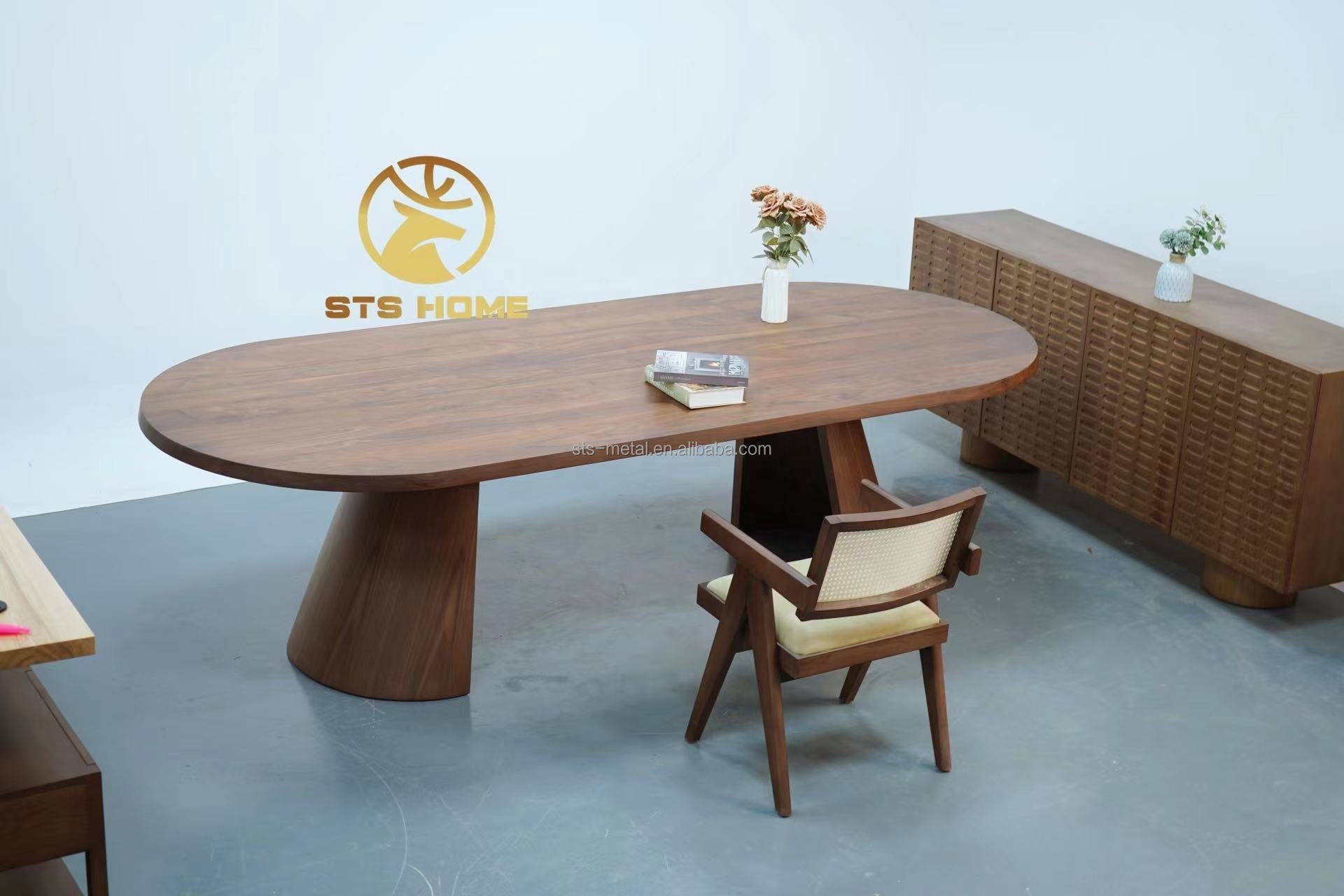 Contemporary minimalist walnut solid wood dining table with chairs oval shape brown dining room accent long table