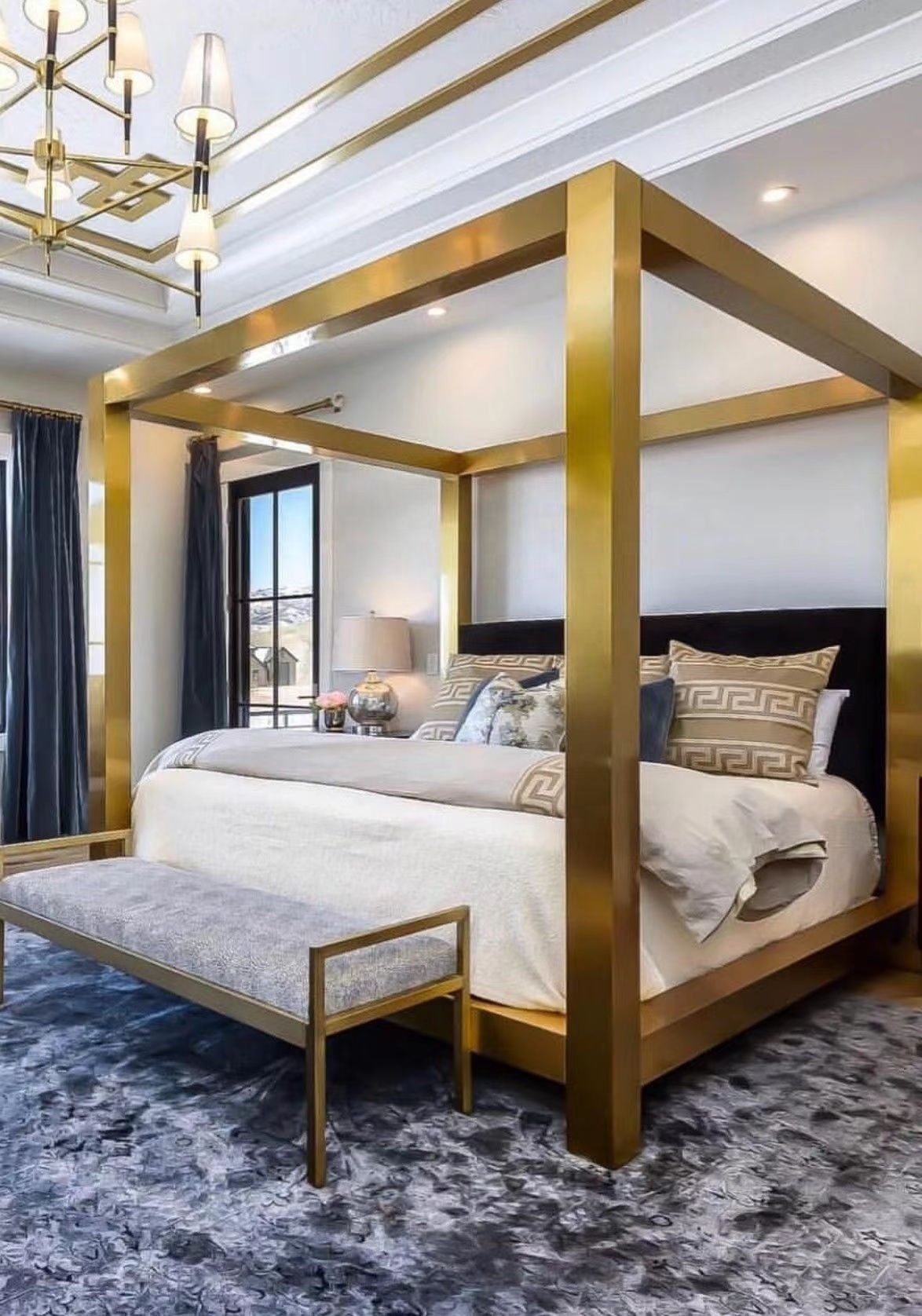 High-end Kensington Metal Canopy King Bed Stainless Steel Frame With Upholstered Tufted Headboard Panel  Golden Metal Beds