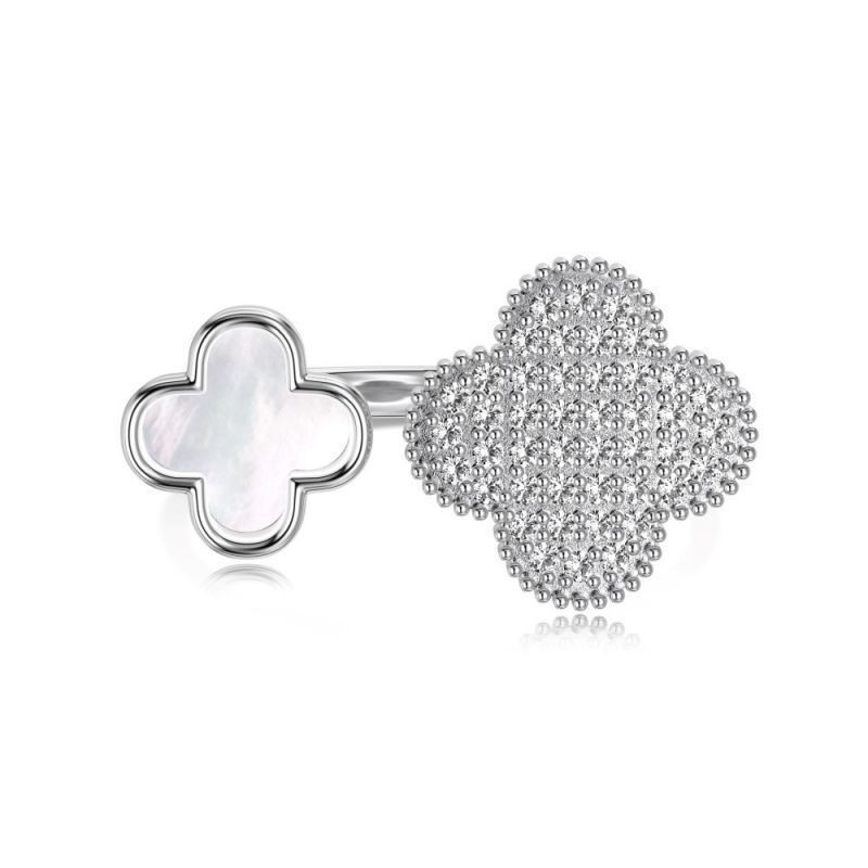 925 Sterling Silver Four Leaf Clover High Carbon Diamond Rings Women Open Rings Band Party Cocktail Fine Jewelry