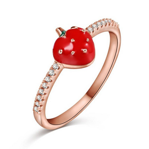 Tiny Design S925 Silver Rhodium Rose Gold Plated Cartoon Strawberry Dainty Jewelry Rings For Women Daily Dress Up