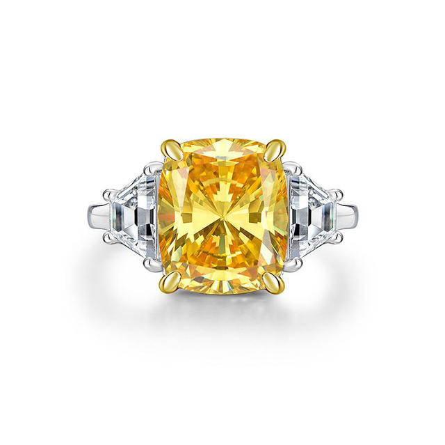 Fashion yellow cushion cubic zirconia stone diamond wedding engagement s925 sterling silver rings for women