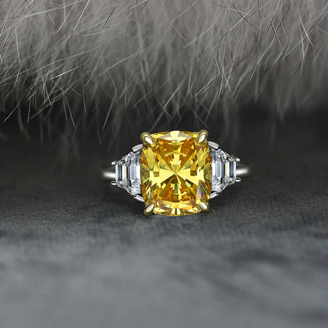 Fashion yellow cushion cubic zirconia stone diamond wedding engagement s925 sterling silver rings for women