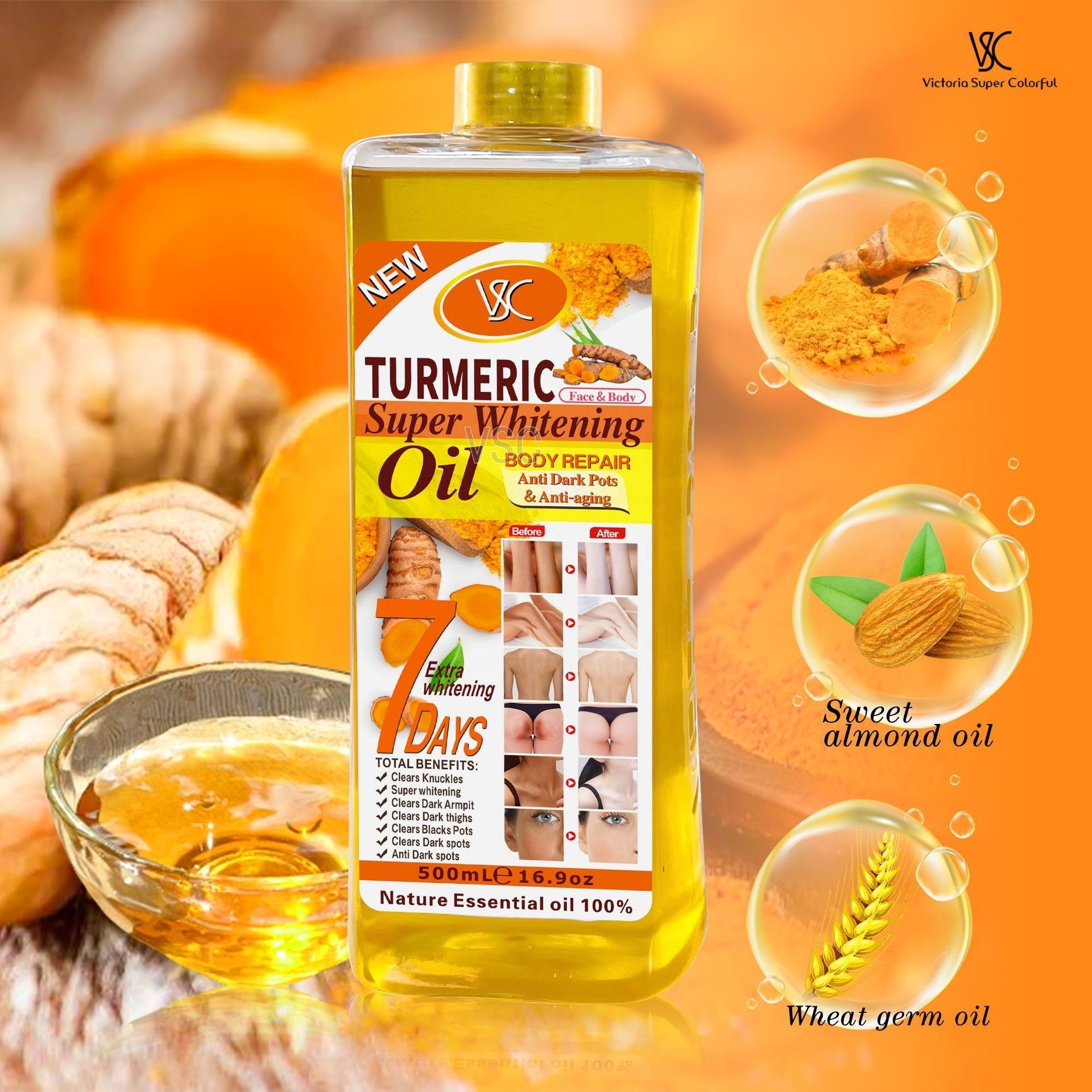 Turmeric Oil 500ml Skin Whitening Oil Face & Body Repair Lightening Moisturizer Carrot Almond Massage Essential Oil