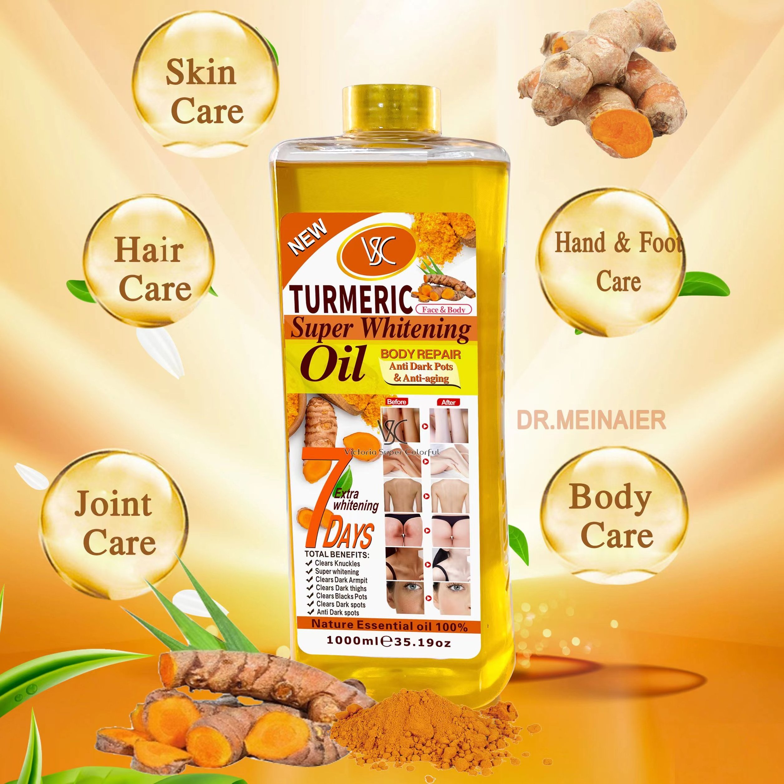 High Quality 1000ml Turmeric Oil SUPER WHITENING OIL Skin Anti-aging Dark Spot Removal Face&Body Lightening Gold Oil