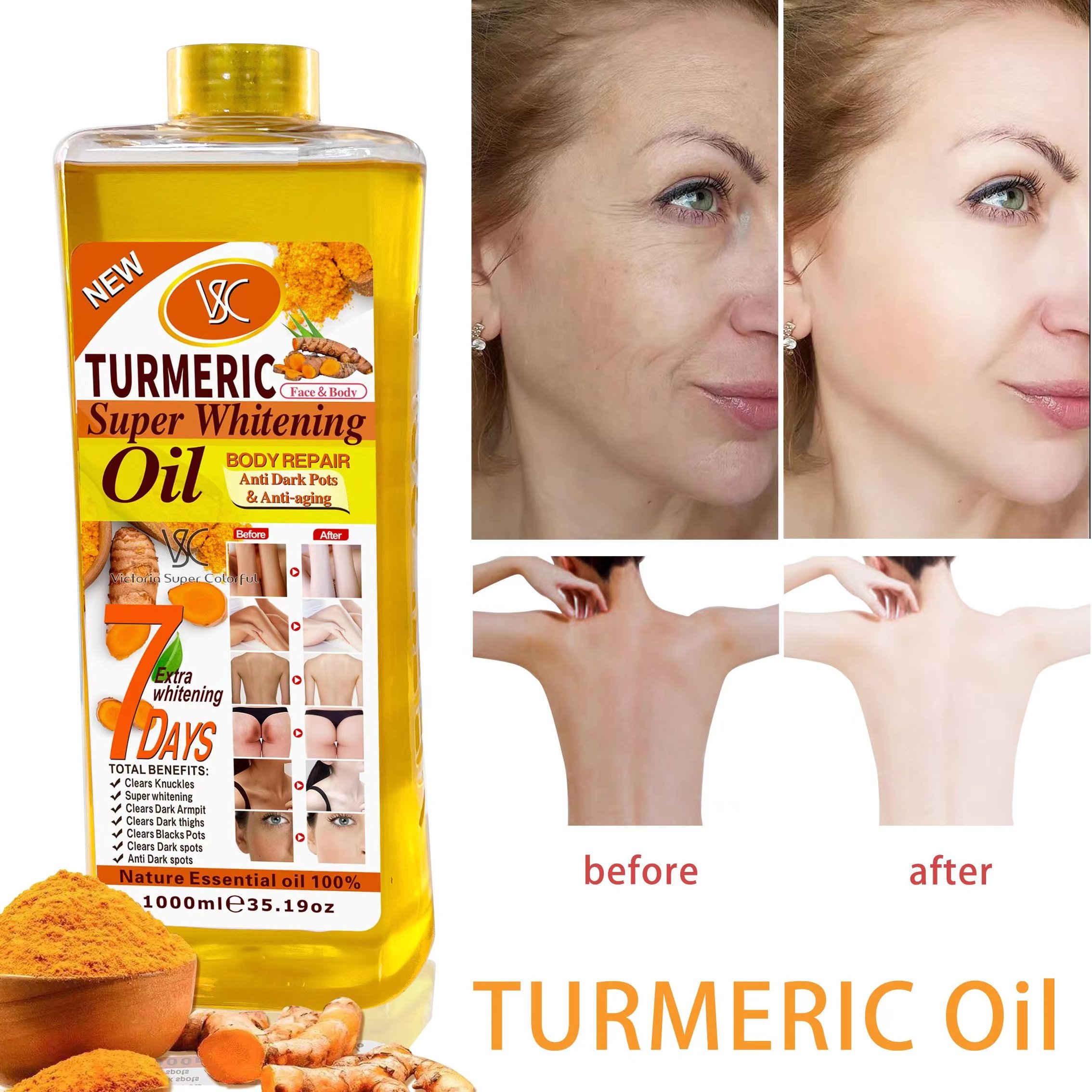 High Quality 1000ml Turmeric Oil SUPER WHITENING OIL Skin Anti-aging Dark Spot Removal Face&Body Lightening Gold Oil