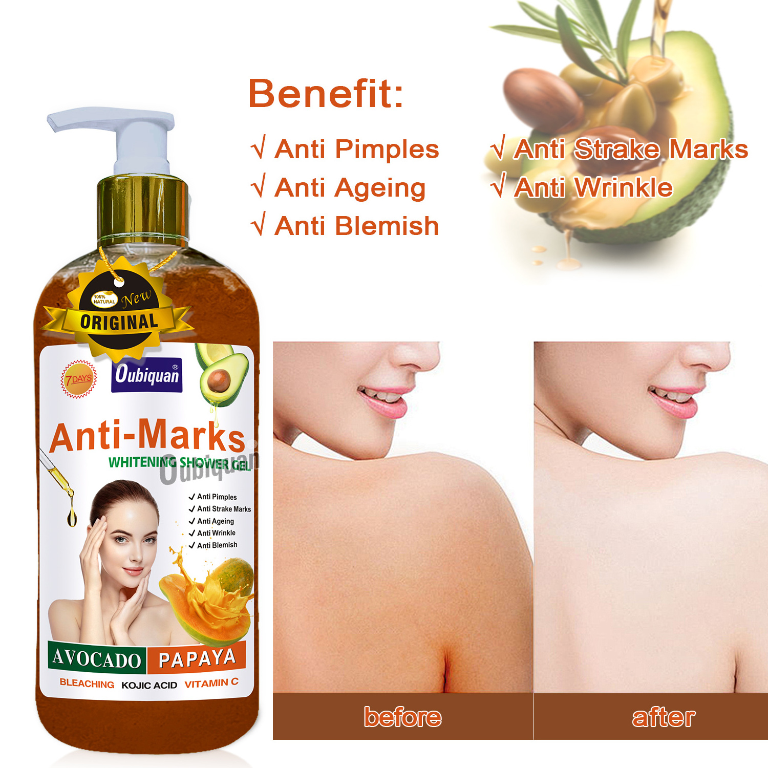 Wholesale 7 days Anti-Marks whitening shower gel Avocado Papaya body wash Anti wrinkle scrub exfoliating liquid soap skincare