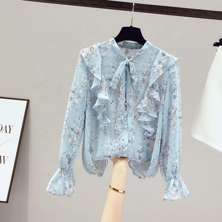 Spring and Summer Floral Print Bow Chiffon Shirt Women's Long-Sleeved Pullover Tops Women Loose Casual Shirt