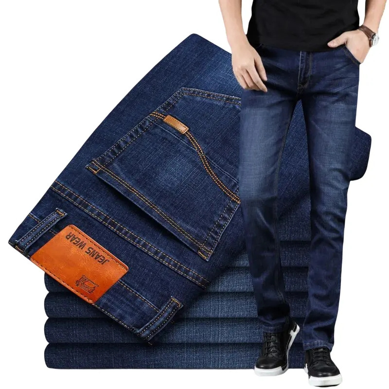 Summer Lightweight Fitted Straight Leather Business Casual Men's Cotton Stretch Denim Jeans