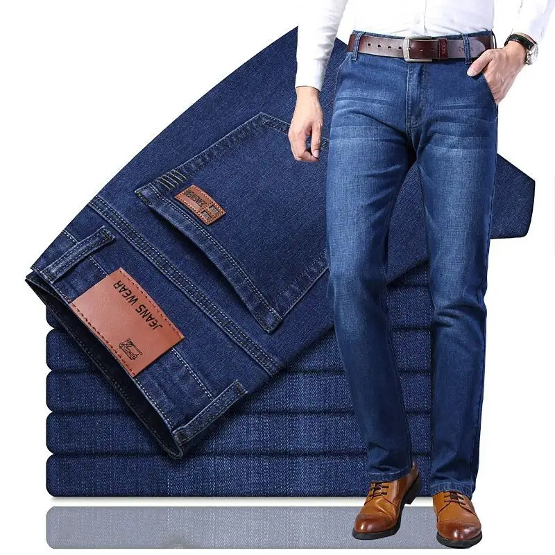 Summer Lightweight Fitted Straight Leather Business Casual Men's Cotton Stretch Denim Jeans