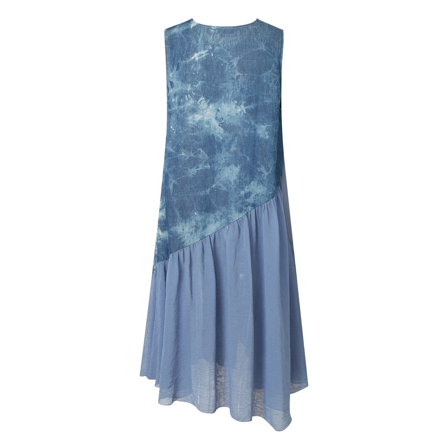 Custom Made 100% Polyester Ladies Blue Sleeveless Asymmetrical Hem Patchwork Panel Tie Dye Print Dress Women