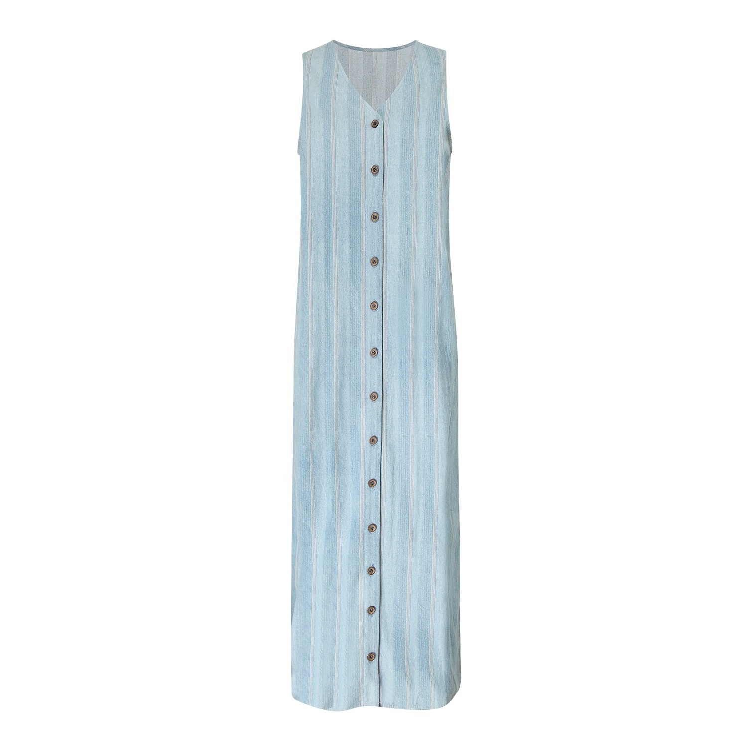 Custom Ladies Summer Sky Blue Sleeveless Loose 100% Cotton Dresses White Sexy Striped V-Neck Midi Column Straight Dress Women UK