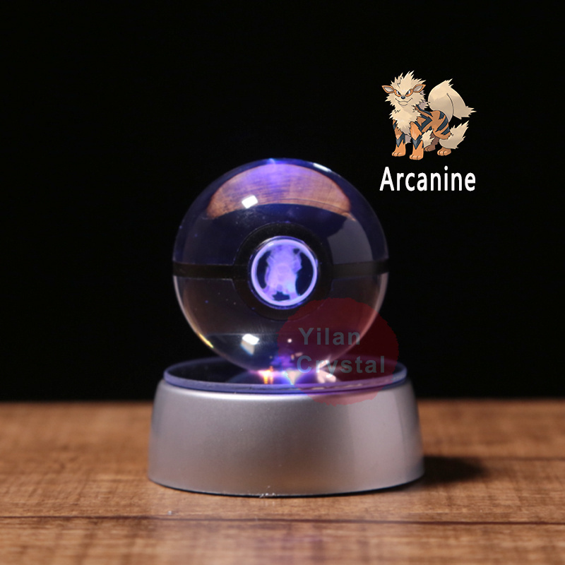 Wholesale 50mm 80mm 3D Engraving Arcanine Crystal Pokeball Poke Ball With Light