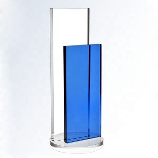 Custom Blank Round Shape Facet Blue Base Stand Glass Plaque Crystal Trophy Award