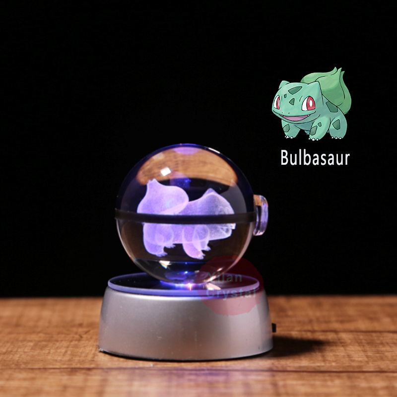 Children Birthday Gifts Crystal Pokeball 3D Design Crystal Poke Ball Characters With Led Base Night Lamp