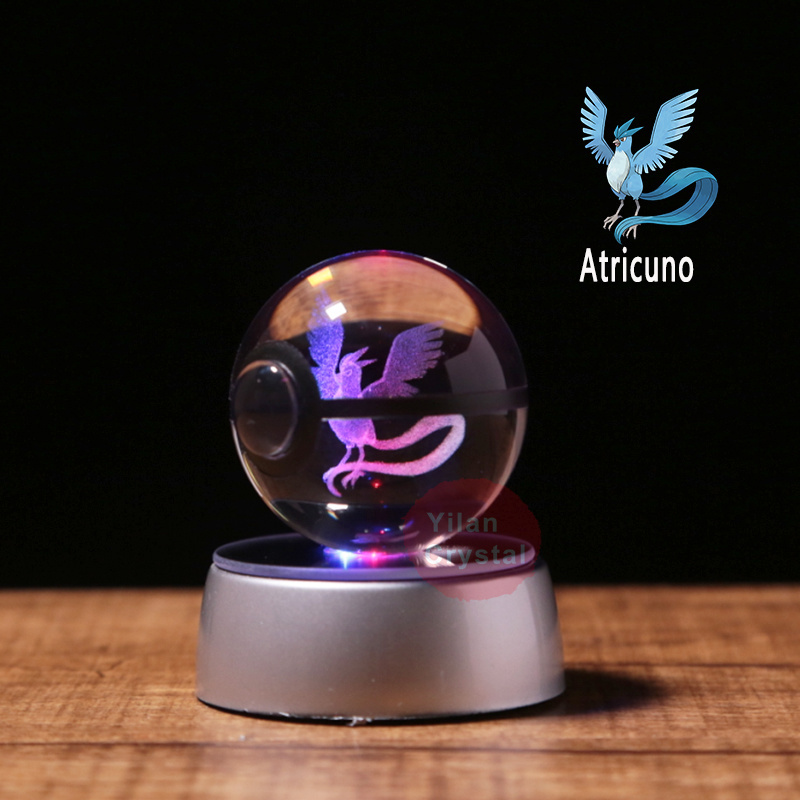 Children Birthday Gifts Crystal Pokeball 3D Design Crystal Poke Ball Characters With Led Base Night Lamp