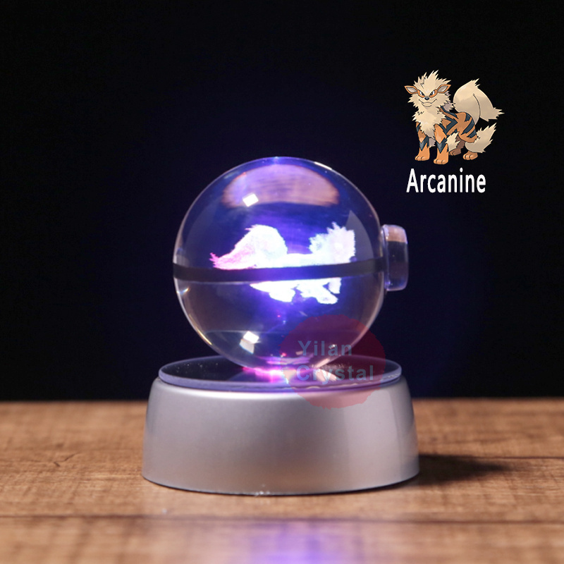 Wholesale 50mm 80mm 3D Engraving Arcanine Crystal Pokeball Poke Ball With Light