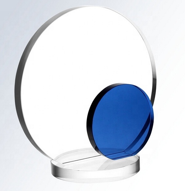 Custom Blank Round Shape Facet Blue Base Stand Glass Plaque Crystal Trophy Award