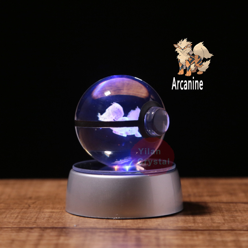 Wholesale 50mm 80mm 3D Engraving Arcanine Crystal Pokeball Poke Ball With Light