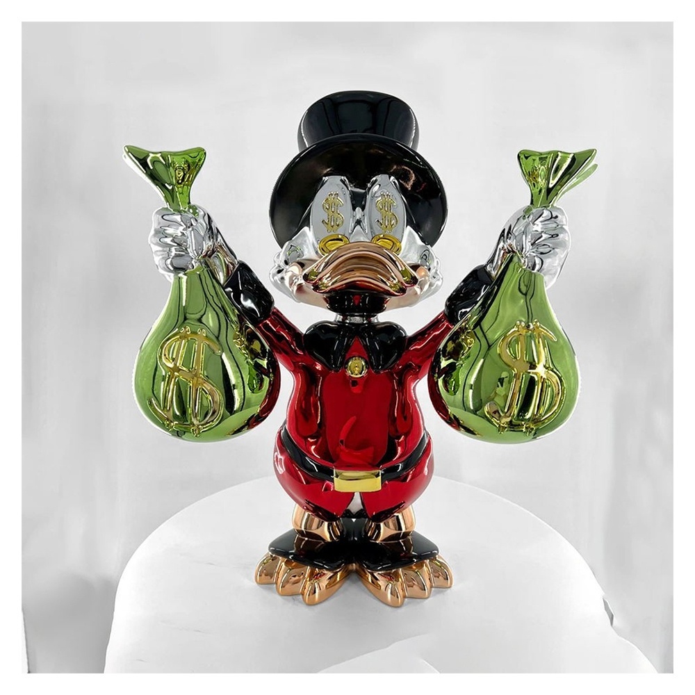 Popular Home Art Sculpture Red Chrome Donald Duck Resin Statue Pop Art Sculpture Duck with Money Bag Sculptures For Indoor decor