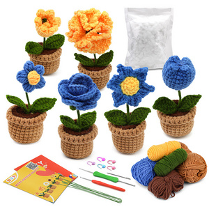 Hot sale starter crochet kit with knitting pin plant crochet kit flower blue color potted plant handmade crochet kit