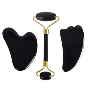 2020 Manufacturer Custom Logo Massage Gua Sha Set Crystal Stone Black Quartz Jade Face Roller with Natural Stone