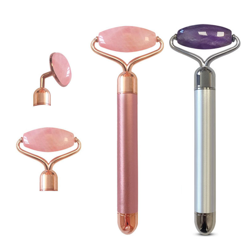 Custom Natural Handheld 2 in1 Electric Vibrating Facial Skin Energy Beauty Bar Face Massager Rose Quartz Jade Roller