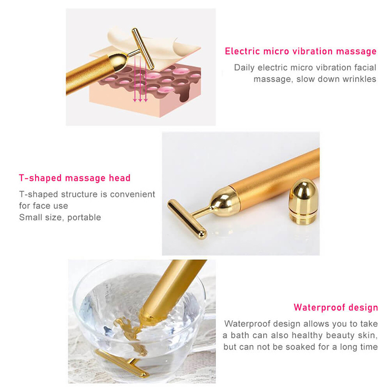 Private Label Facial 24K Gold Massage Vibrator Energy Beauty Bar Electric Vibrating Skincare Device Face Lifting Roller Massager