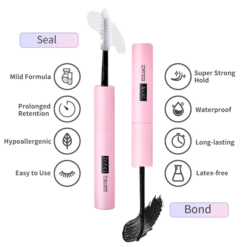 2 in 1 Private Label Lash Glue Bond Seal 10ml Waterproof False Eyelash Glue Latex Free Black Eyelash Adhesive Sealant Glue