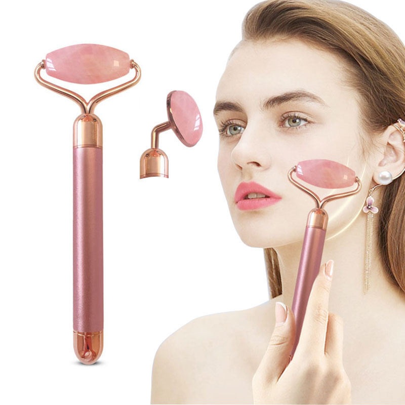 Custom Natural Handheld 2 in1 Electric Vibrating Facial Skin Energy Beauty Bar Face Massager Rose Quartz Jade Roller