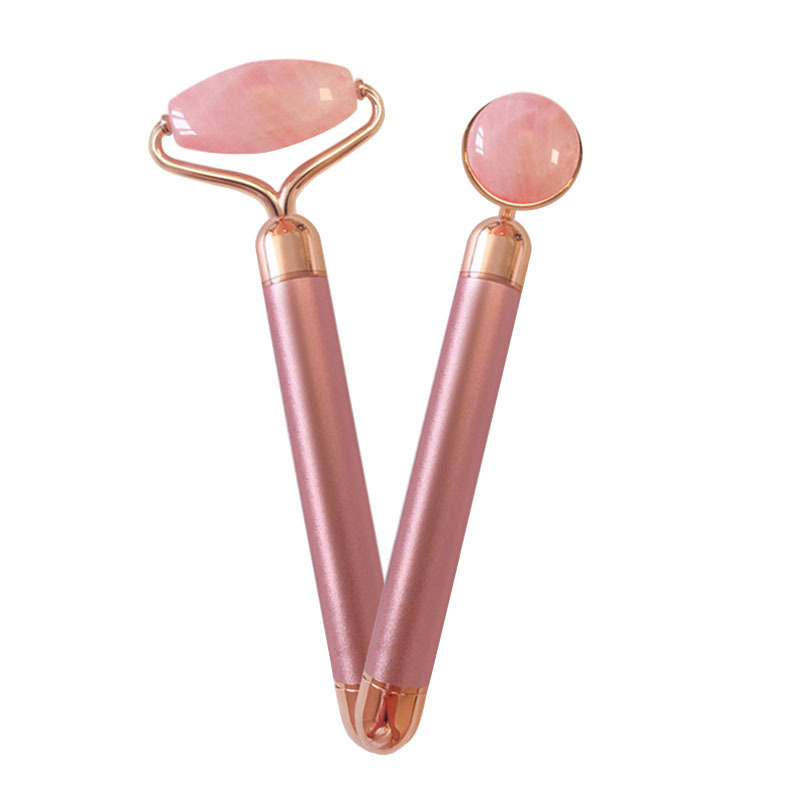 Custom Natural Handheld 2 in1 Electric Vibrating Facial Skin Energy Beauty Bar Face Massager Rose Quartz Jade Roller