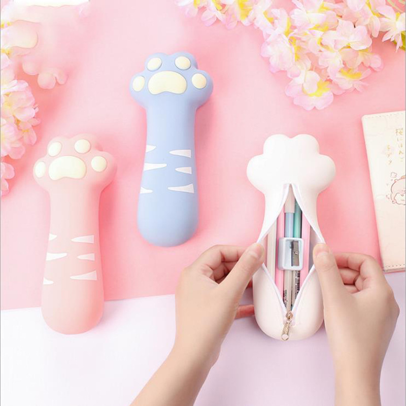 Cartoon cute cat claw silicone pencil case with large capacity pencil case zipper stationery bag for primary school students