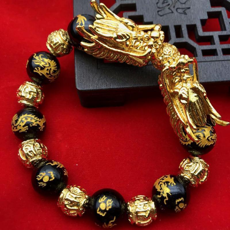 Gold 3D hard pure gold transfer beads dragon bracelet male lucky color  black stone bracelet