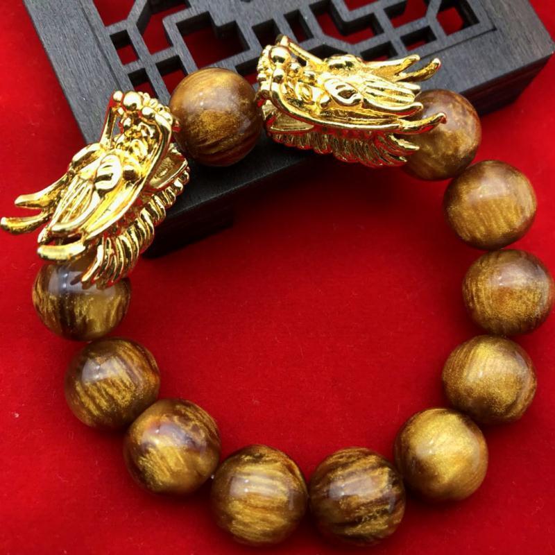 Gold 3D hard pure gold transfer beads dragon bracelet male lucky color  black stone bracelet