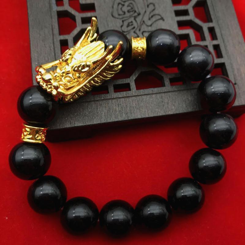 Gold 3D hard pure gold transfer beads dragon bracelet male lucky color  black stone bracelet