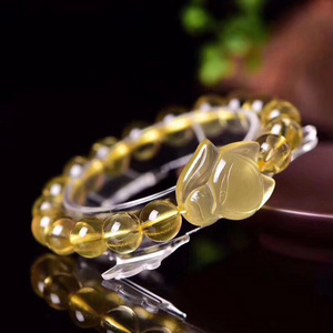 Cheap natural 10mm citrine beads and carved fox charm  bracelet