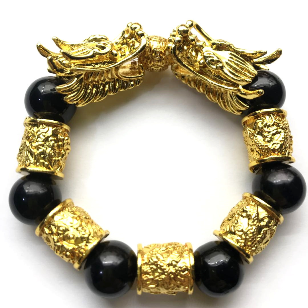 Gold 3D hard pure gold transfer beads dragon bracelet male lucky color  black stone bracelet