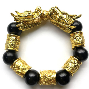 Gold 3D hard pure gold transfer beads dragon bracelet male lucky color  black stone bracelet