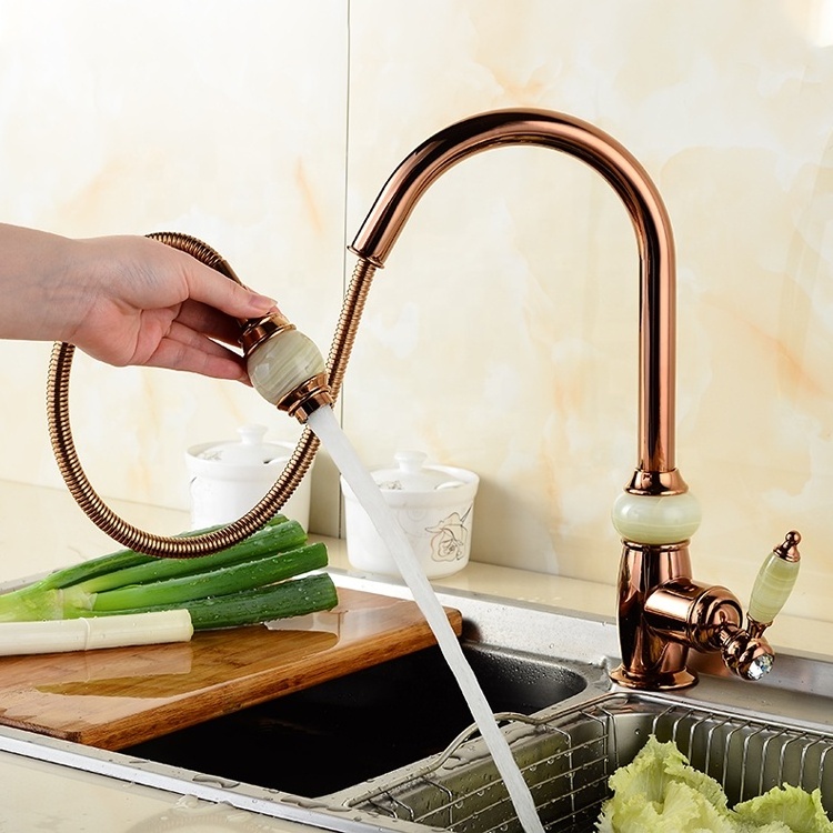 China sanitary ware manufacturer rose gold kitchen faucet with pull out spout