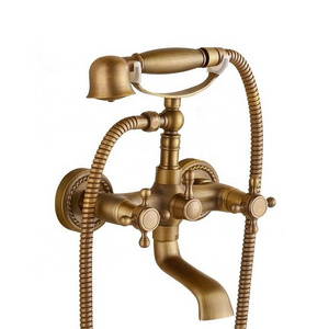 European wall mount antique style brass bath tub shower faucet bathroom mixer with telephone hand shower