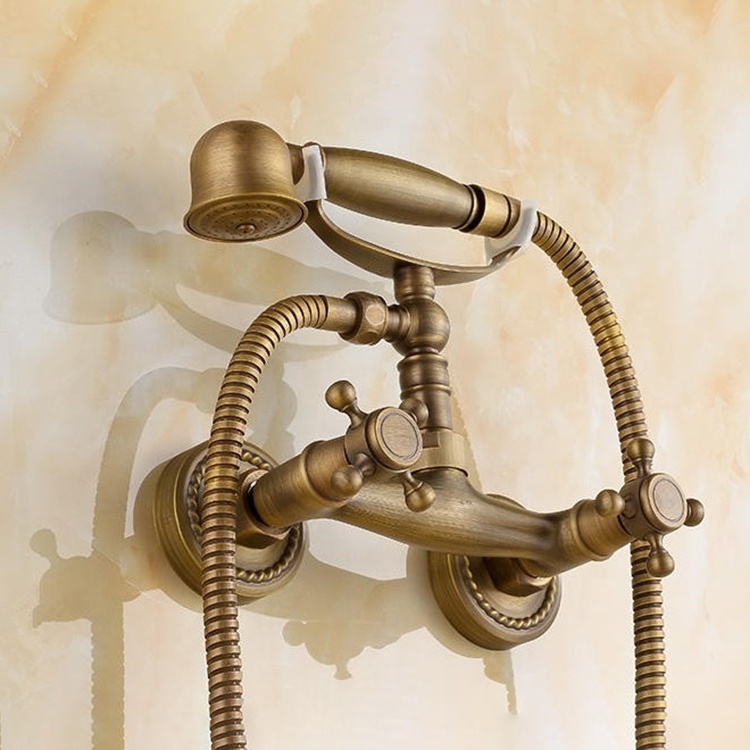 European wall mount antique style brass bath tub shower faucet bathroom mixer with telephone hand shower