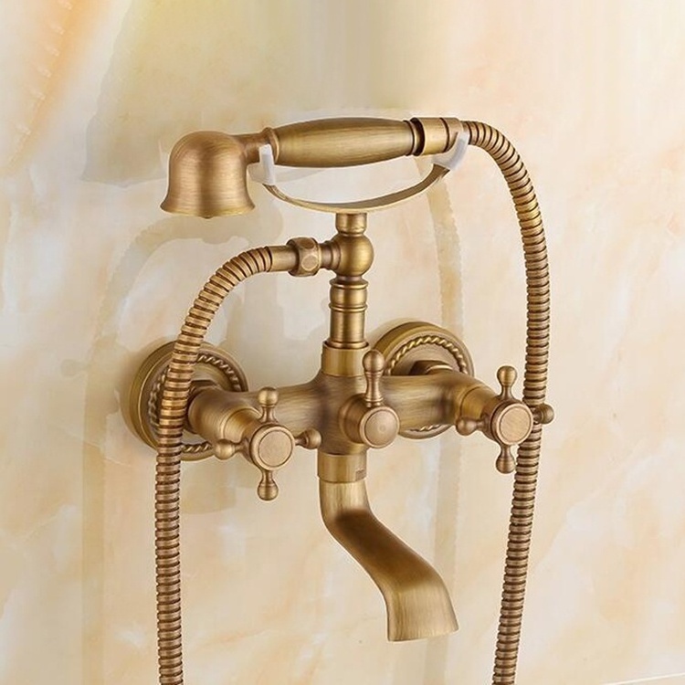 European wall mount antique style brass bath tub shower faucet bathroom mixer with telephone hand shower